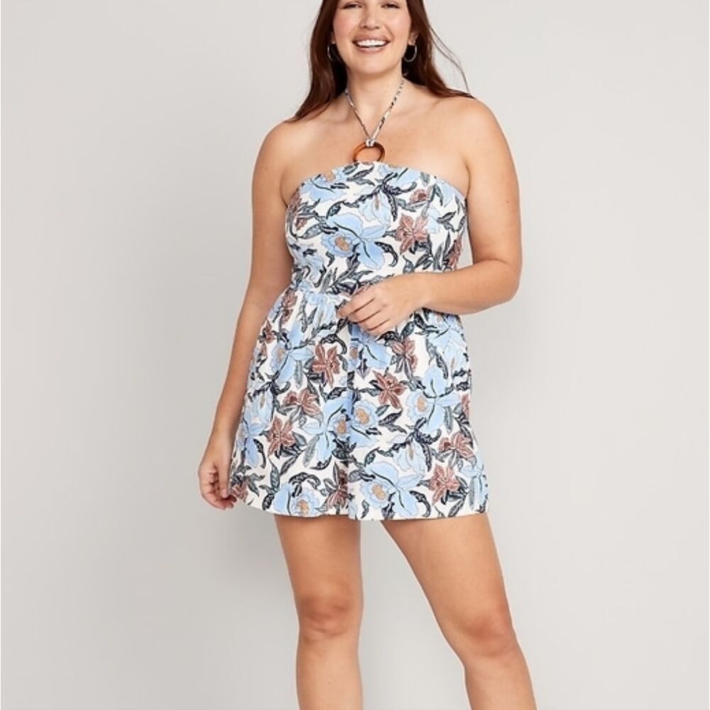 Old Navy Blue Floral Linen Blend O-Ring Halter Romper Size Medium